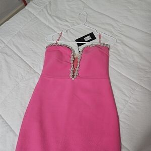 Fashion Nova Strapless Hot Pink Dress with Embellished Neckline